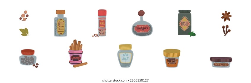 Containers with Spice and Seasoning for Food Flavour Vector Set