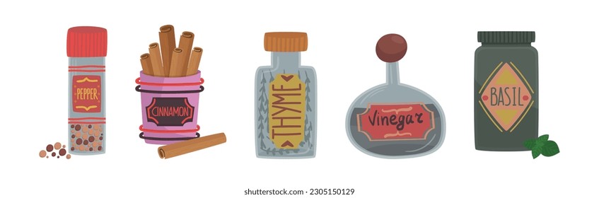 Containers with Spice and Seasoning for Food Flavour Vector Set