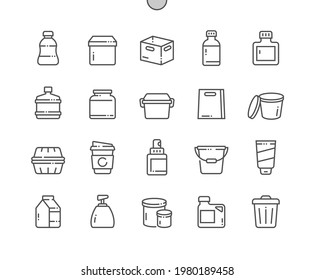 Containers. Take away. Bottle, paper bag, box, coffee cup, pills bottle. Commerce, storage and package goods. Pixel Perfect Vector Thin Line Icons. Simple Minimal Pictogram