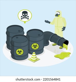 Containers toxic and chemical substances. Dangerous iron containers with radioactive waste storage of nuclear components large tanks with flammable substances. A worker looking at Hazardous waste