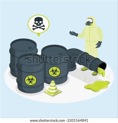 Containers toxic and chemical substances. Dangerous iron containers with radioactive waste storage of nuclear components large tanks with flammable substances. A worker looking at Hazardous waste
