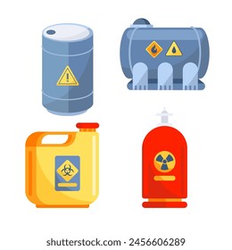 Containers toxic and chemical substances. Flammable waste set. Fuel oil barrel for transportation storage