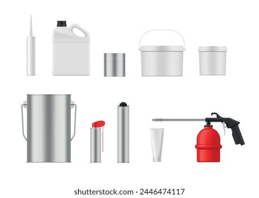 Containers with various liquid industrial construction mock up set realistic vector illustration. Can bucket jar tube canister with chemical substance plastic and metal barrel for storage carrying