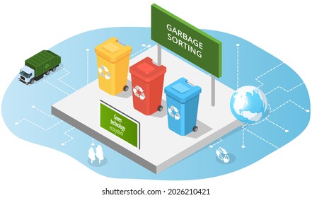 Containers for waste, colored trash cans isometric illustration. Innovative green technology, eco smart system and recycling for environmental sustainability. Garbage sorting, waste management concept