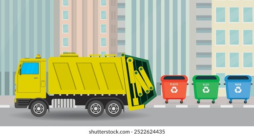 Contentores com resíduos para reciclagem de lixo. Cartoon caminhão de lixo na rua da cidade, gestão de resíduos com lixo. Conceito de reciclagem. Latas de lixo coloridas. Ilustração de vetor plano