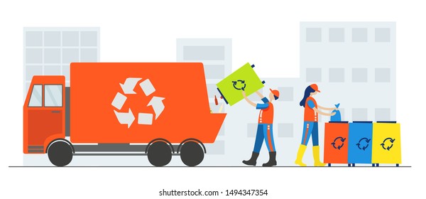 Containers With Waste For Recycle Garbage In City. Waste Management With Garbage Truck And Trash Bins. Waste Garbage Collection, Sorting. Sanitation Workers Clean Up Trash By Sorting It. Vector.