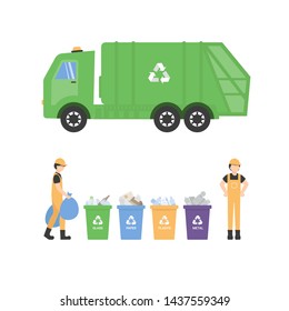 Containers with waste for recycle garbage. Waste management with, garbage truck and trash bins. Sanitation character worker clean up trash by sorting it. Flat illustration isolated.
