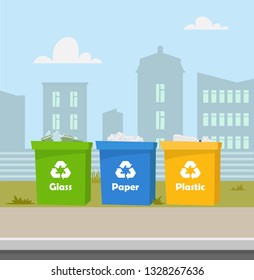 Containers with waste. Recycling and sorting garbage. City landscape on background. Blue, green, yellow trash bins with recycling symbols. Containers for glass, paper and plastic. Vector illustration