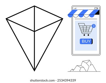 Con una forma geométrica abstracta, una pantalla móvil con un dosel de escaparate, ícono de Carrito de compras y Botón de compra, esta pieza combina Elementos de comercio electrónico, arte abstracto y tecnología