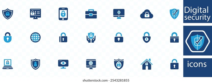 Contiene caja fuerte, escudo, cerradura, seguridad, alarma, paraguas, guardia, cerca y más. Iconos de vector sólido colección