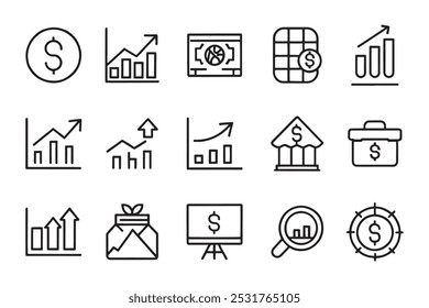 Containing stocks, stock exchange, financial goal, related editable icon set isolated flat vector illustration white background