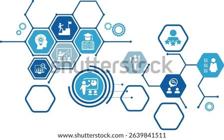 Containing training, workshop, education, communication, discussion, coaching, online video, presentation, learning, conference, teaching, classroom. Vector illustration