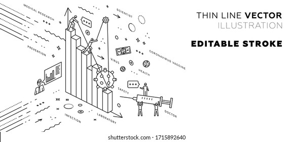 Containment of the economic crisis caused by a corona virus. Economic impact of the covid-19 epidemic. Chart of falling quotes and salaries. Infographic statisctics concept, coronavirus cell. Eps10