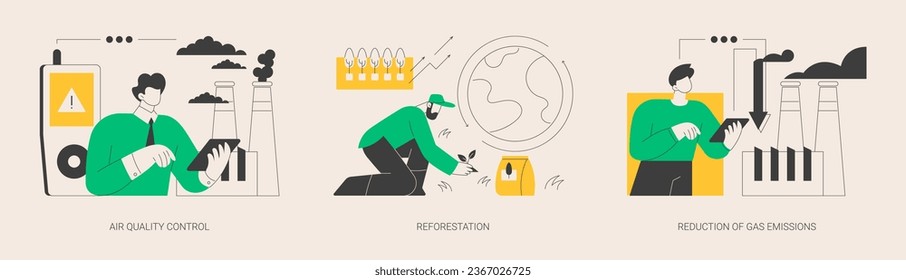 Contención del conjunto de ilustraciones vectoriales abstractas del calentamiento global. Control de la calidad del aire, reforestación, reducción de las emisiones de gases, cambio climático, huella de carbono, metáfora abstracta de los bosques.