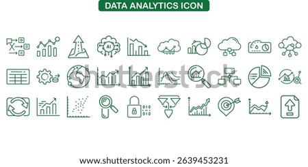 Contains analytics icons on a white background, featuring symbols, business statistics, and a line graph presented in a clean outline style to describe complex data.