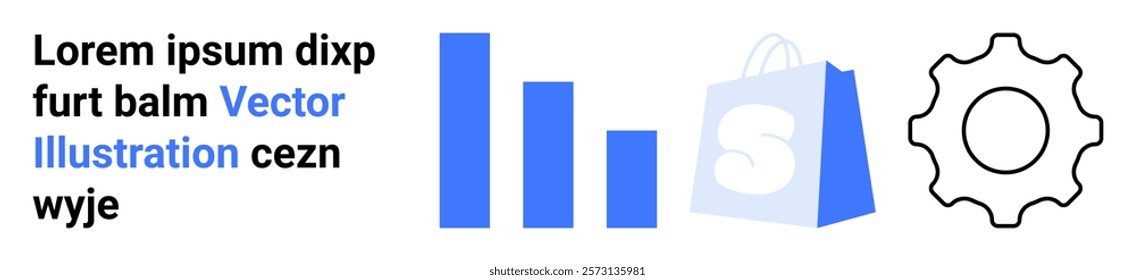 Contains bar chart, shopping bag, and gear suggesting data analysis, e-commerce, and settings. Ideal for business, analytics, e-commerce, settings, and marketing themes. Landing page