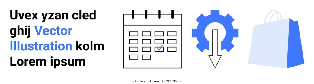 Contains a calendar, a gear with a downward arrow, and a shopping bag. Left side has placeholder text. Ideal for business, scheduling, e-commerce, technology, efficiency. Landing page