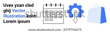 Contains a calendar, a gear with a downward arrow, and a shopping bag. Left side has placeholder text. Ideal for business, scheduling, e-commerce, technology, efficiency. Landing page