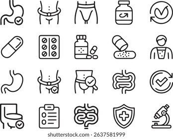 Contains a collection of black line icons of various medical and health-related items such as pills, stomach, intestine and medicine bottle with transparent background.