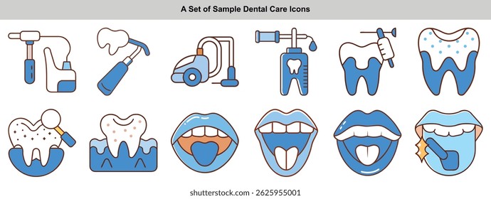 Contains dental tool icons of teeth and mouth symbols in blue and white outline design for illustrating oral hygiene and dental care procedures, on a white background.