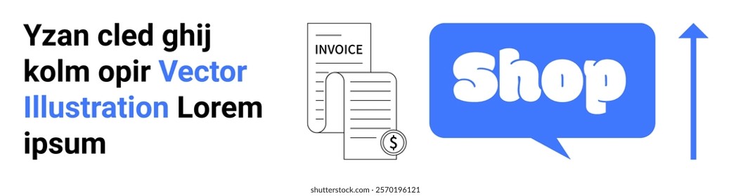 Contains a digital invoice, a speech bubble with the word Shop, and a vertical arrow. Ideal for ecommerce, online payments, digital transactions, business automation, financial tech. Banner