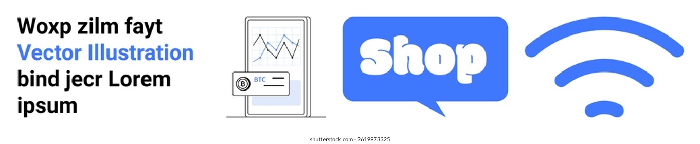 Contém um dispositivo móvel com um gráfico, um balão de fala com texto Compras e um ícone sem fio. Ideal para compras online, aplicativos móveis, tecnologia sem fio, e-commerce e marketing digital. Faixa