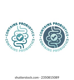 Contains probiotics colorful vector label. Bowels, intestines microbiome or microflora good bacteria icon.