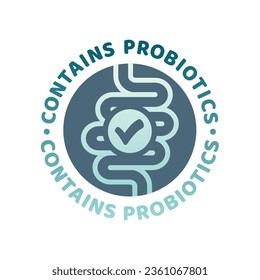 Contains probiotics colorful vector label. Bowels, intestines microbiome or microflora good bacteria icon.