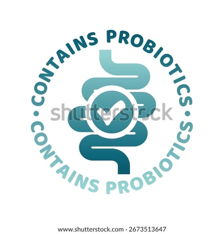 Contains probiotics colorful vector label. Bowels, intestines microbiome, microbiota or microflora good probiotic bacteria icon.