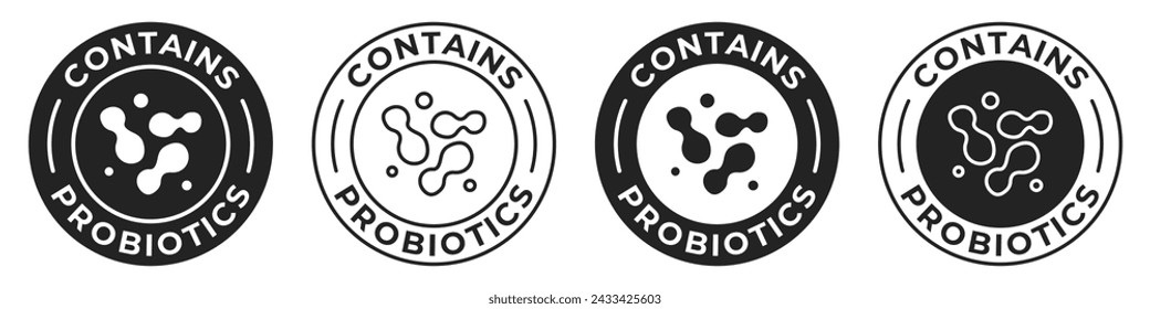 Contains probiotics label. Prebiotics bacteria icon. Flora vector illustration for dairy product packaging logo, sign, symbol or emblem isolated.