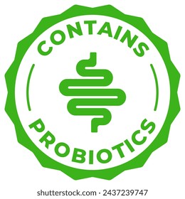 Enthält Probiotika Mikroflora Label Vektor-Icon-Illustration für Produktverpackung. Prebiotics grünes Logo, Symbol, Abzeichen, Tag, Stempel, Siegel. Jogurt oder Milchaufkleber, Marke, Anhänger oder Emblem isoliert.