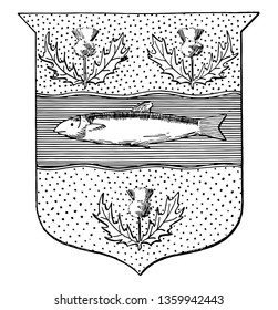 It contains a salmon fish in the middle and  three thistles around  vintage line drawing.