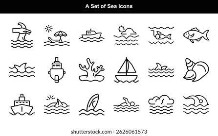 Contains sea elements such as hand, sun, boat, coral, shark, sailboat, and swimmer in a clean line art style on a transparent backdrop.