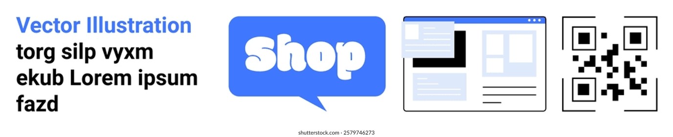 Contains a Shop button, web page layout, and QR code. Ideal for digital commerce, web design, online shopping, marketing, and retail promotions. Banner for landing page