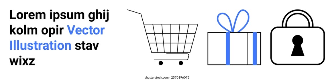 Contains a shopping cart, a gift box, and a lock. Ideal for online shopping, e-commerce, gift giving, security, and digital transactions. Banner for landing page