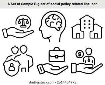 Contains social policy line icons in a simple, bold outline style. Includes icons like balance, brain, house, people with shield, briefcase, and money, all on a transparent background.