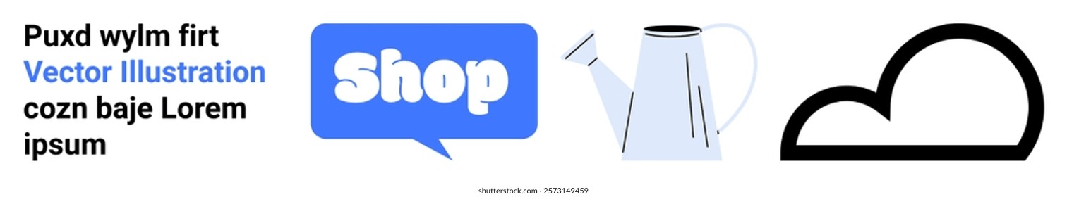 Contains a speech bubble with the word Shop, a watering can, and a cloud symbol. Ideal for online shopping, marketing, gardening, weather, and e-commerce. Banner for landing page