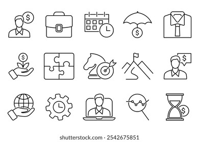 Contains such icons as startup, goal, strategy and more.  Simple set of outline icons about business corporate management.. Line icons about business people and corporate management.