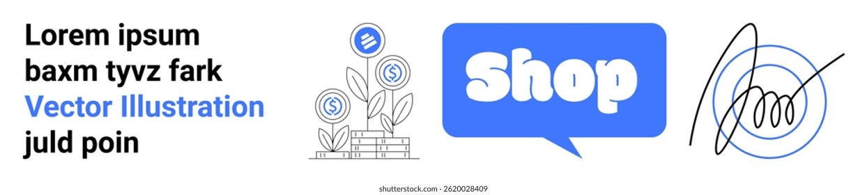 Contains text and graphics including plants growing money symbols, shopping text in a speech bubble, and abstract line art. Ideal for e-commerce, online shopping, financial blogs, digital marketing