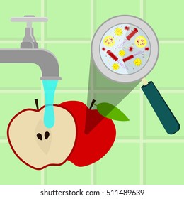 Contaminated apple being cleaned and washed in a kitchen. Microorganisms, virus and bacteria in the vegetable enlarged by a magnifying glass. Running tap water.
