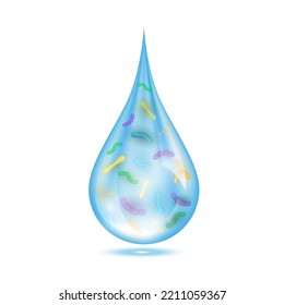 Contaminated bacteria or viruses inside water drop, toxic wastes. Polluted water icon isolated on white background. Microbiology research and analysis concept. 3D vector illustration.