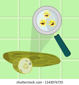 Contaminated cucumber with microbes cartoon. Microorganisms, virus and bacteria in the rotten and spoiled cucumber enlarged by a magnifying glass. Tiles in the background. Angry microbes cartoon. 