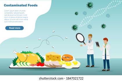 Contaminated Foods, Food Poisoning ,food Safety And Biotechnology Laboratory Research Concept. Scientist Use Magnifying Glass Inspect Becteria And Virus From Unclean Food Testing With Flies Around.