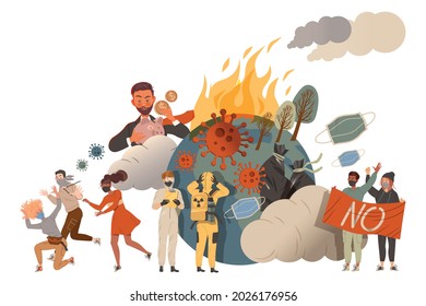Contaminated Globe Surrouned by People Trying to Save the Environment on Earth Vector Illustration
