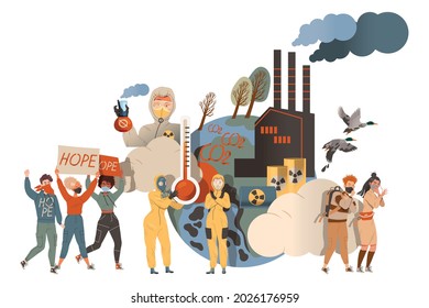 Contaminated Globe Surrouned by People Trying to Save the Environment on Earth Vector Illustration