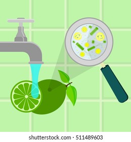 Contaminated lime being cleaned and washed in a kitchen. Microorganisms, virus and bacteria in the vegetable enlarged by a magnifying glass. Running tap water.