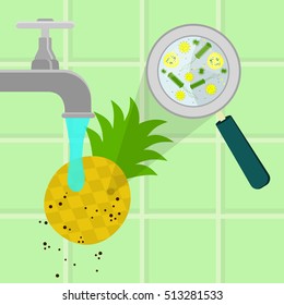 Contaminated pineapple being cleaned and washed in a kitchen. Microorganisms, virus and bacteria in the vegetable enlarged by a magnifying glass. Running tap water.