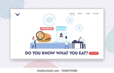 Contaminated Poisoned Food Landing Page Template. Tiny Doctors Characters with Huge Magnifier and Microscope Research Infected Ingredients and Water in Laboratory. Cartoon People Vector Illustration