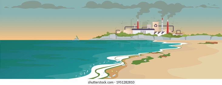 Contaminated sandy beach flat color vector illustration. Ecological catastrophe. Factory emission. Nature pollution. Ocean coast 2D cartoon landscape with manufactory and smog in air on background