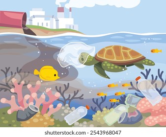 Contaminated sea with plastic bags, cans and bottles. Dirty water. Ocean life in danger. A turtle swims underwater. Underwater life with  turtle. 